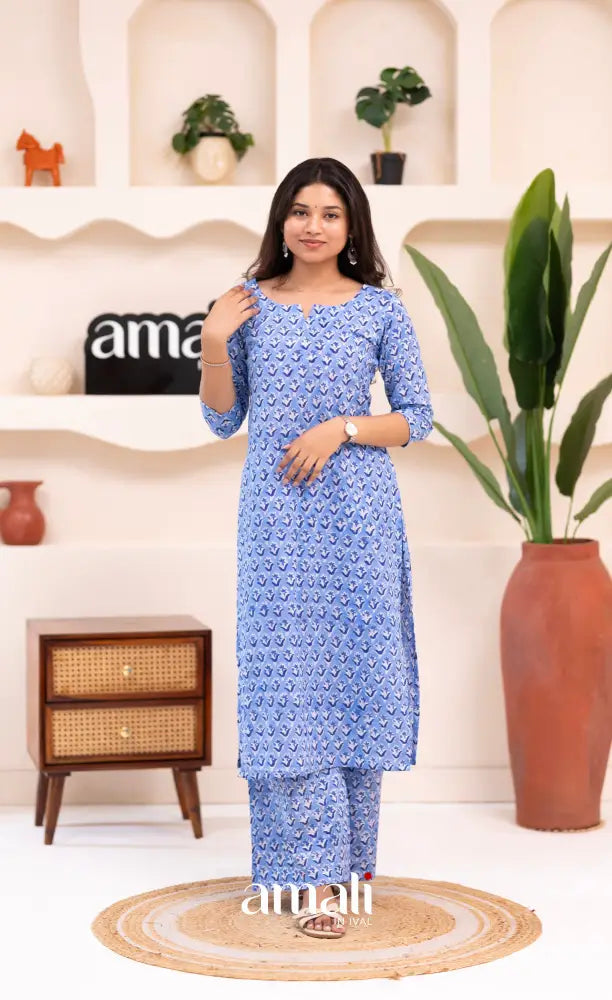 Light Blue Monochrome Jaipur Print Cotton Top and Pant - salwar