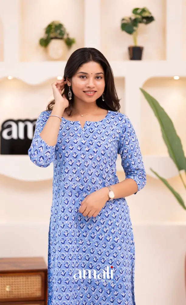 Light Blue Monochrome Jaipur Print Cotton Top and Pant - salwar