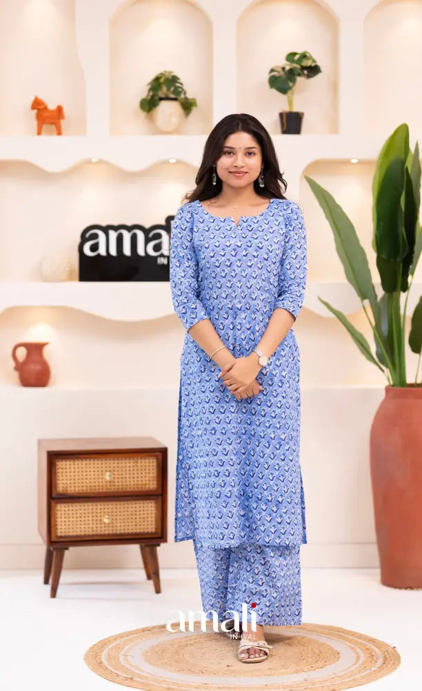 Light Blue Monochrome Jaipur Print Cotton Top and Pant - salwar