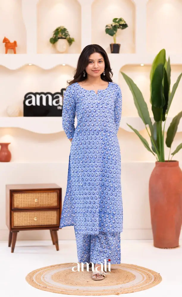 Light Blue Monochrome Jaipur Print Cotton Top and Pant - salwar