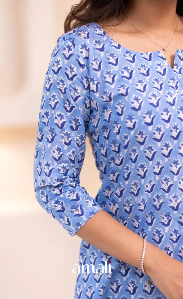 Light Blue Monochrome Jaipur Print Cotton Top and Pant - salwar