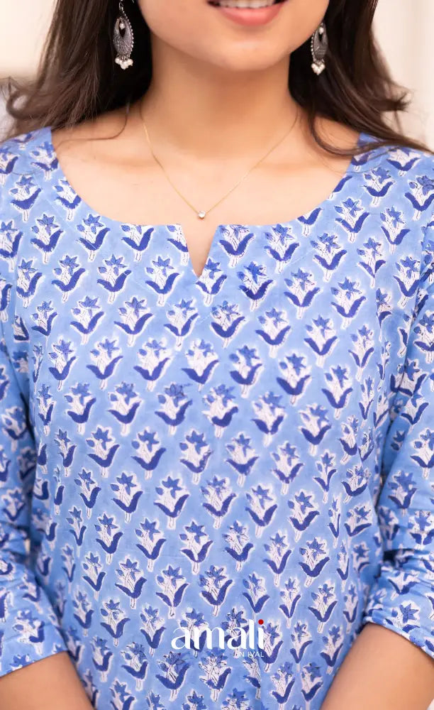 Light Blue Monochrome Jaipur Print Cotton Top and Pant - salwar