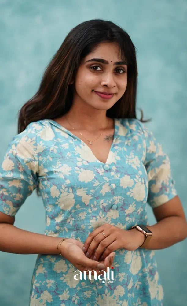 Light Blue Semi Linen Kurti Co-ord sets