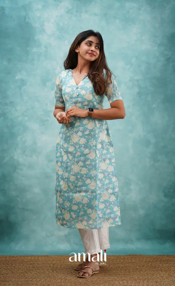 Light Blue Semi Linen Kurti Co-ord sets