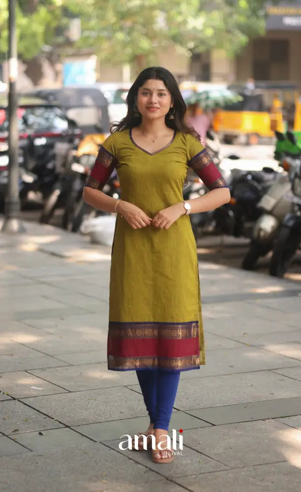 Light Green abd Royal Blue Chettinad Cotton Salwar Set - salwar