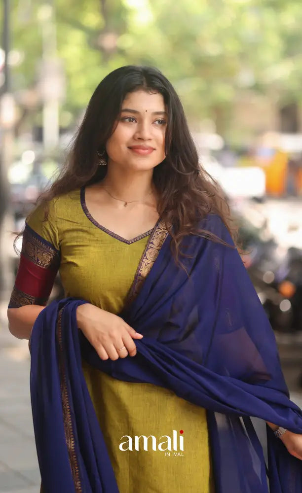 Light Green abd Royal Blue Chettinad Cotton Salwar Set - salwar