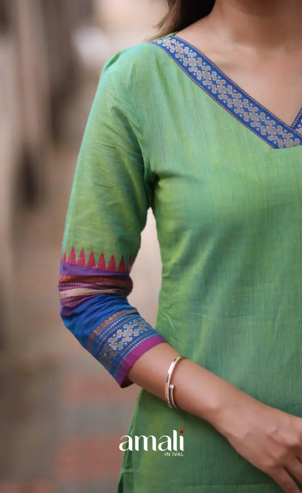 Light Green and Blue Chettinad Cotton Salwar Set - salwar