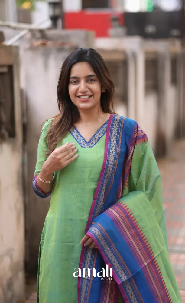 Light Green and Blue Chettinad Cotton Salwar Set - salwar