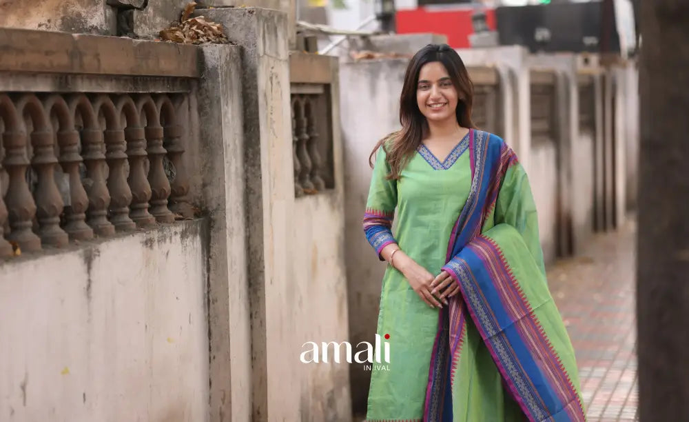 Light Green and Blue Chettinad Cotton Salwar Set - salwar