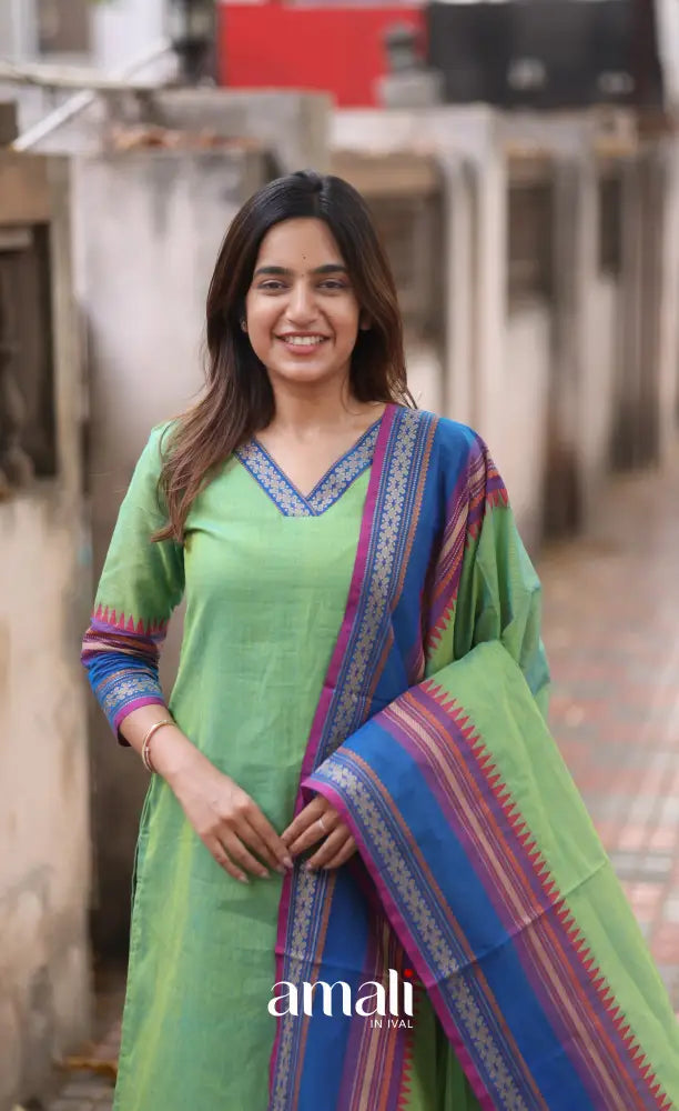 Light Green and Blue Chettinad Cotton Salwar Set - salwar