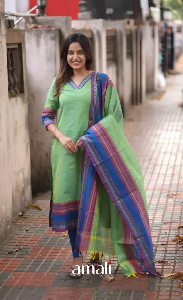 Light Green and Blue Chettinad Cotton Salwar Set - salwar