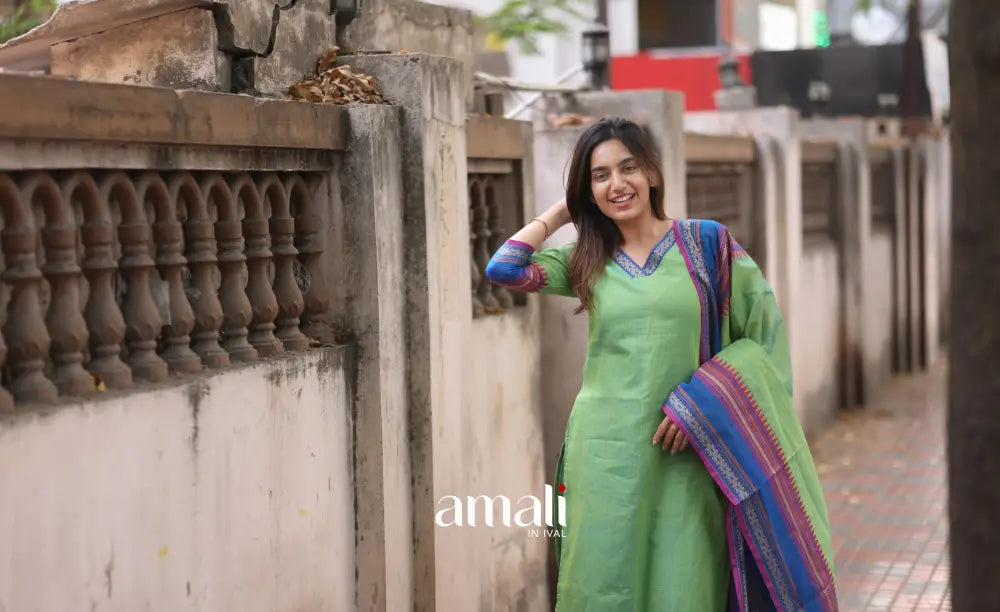 Light Green and Blue Chettinad Cotton Salwar Set - salwar
