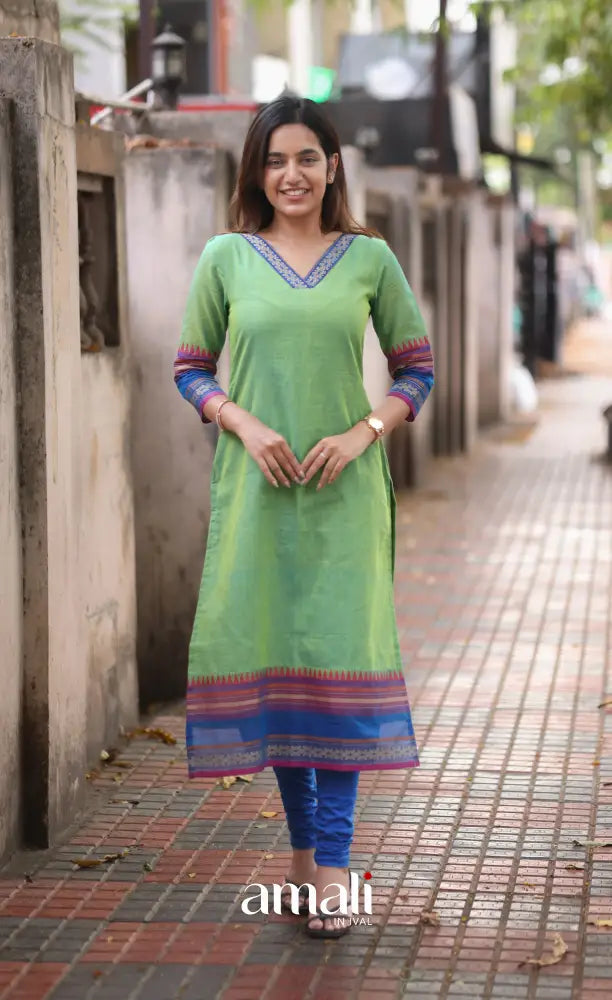 Light Green and Blue Chettinad Cotton Salwar Set - salwar