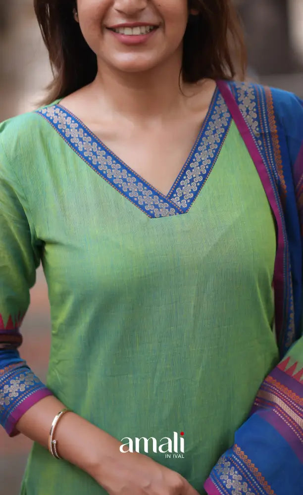 Light Green and Blue Chettinad Cotton Salwar Set - salwar