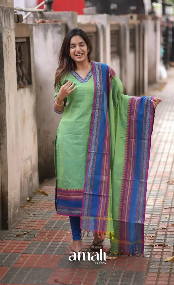 Light Green and Blue Chettinad Cotton Salwar Set - salwar
