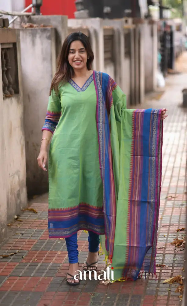 Light Green and Blue Chettinad Cotton Salwar Set - salwar