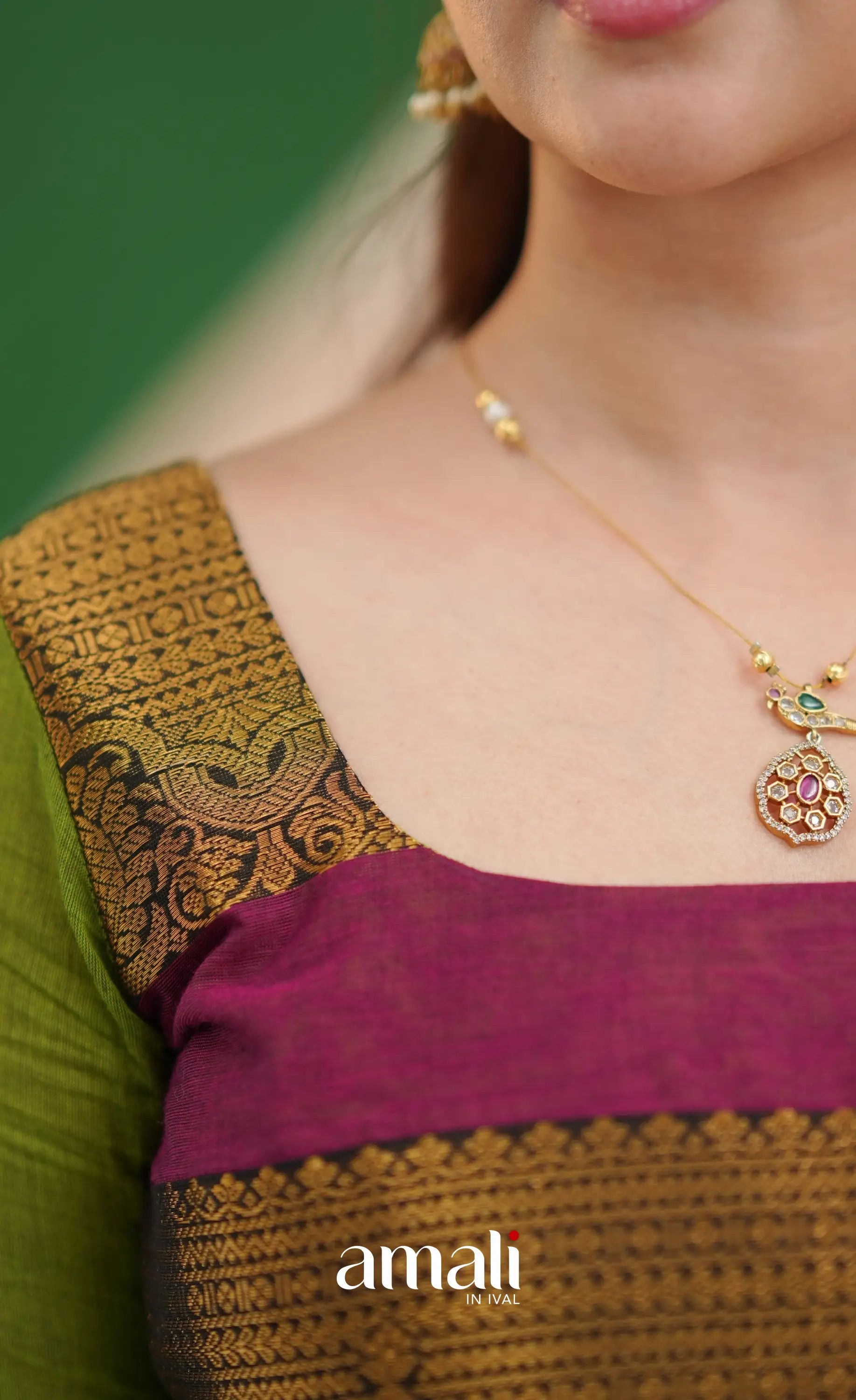 Light green and Magenta pink Chettinad Cotton Anarkali - Anarkalis