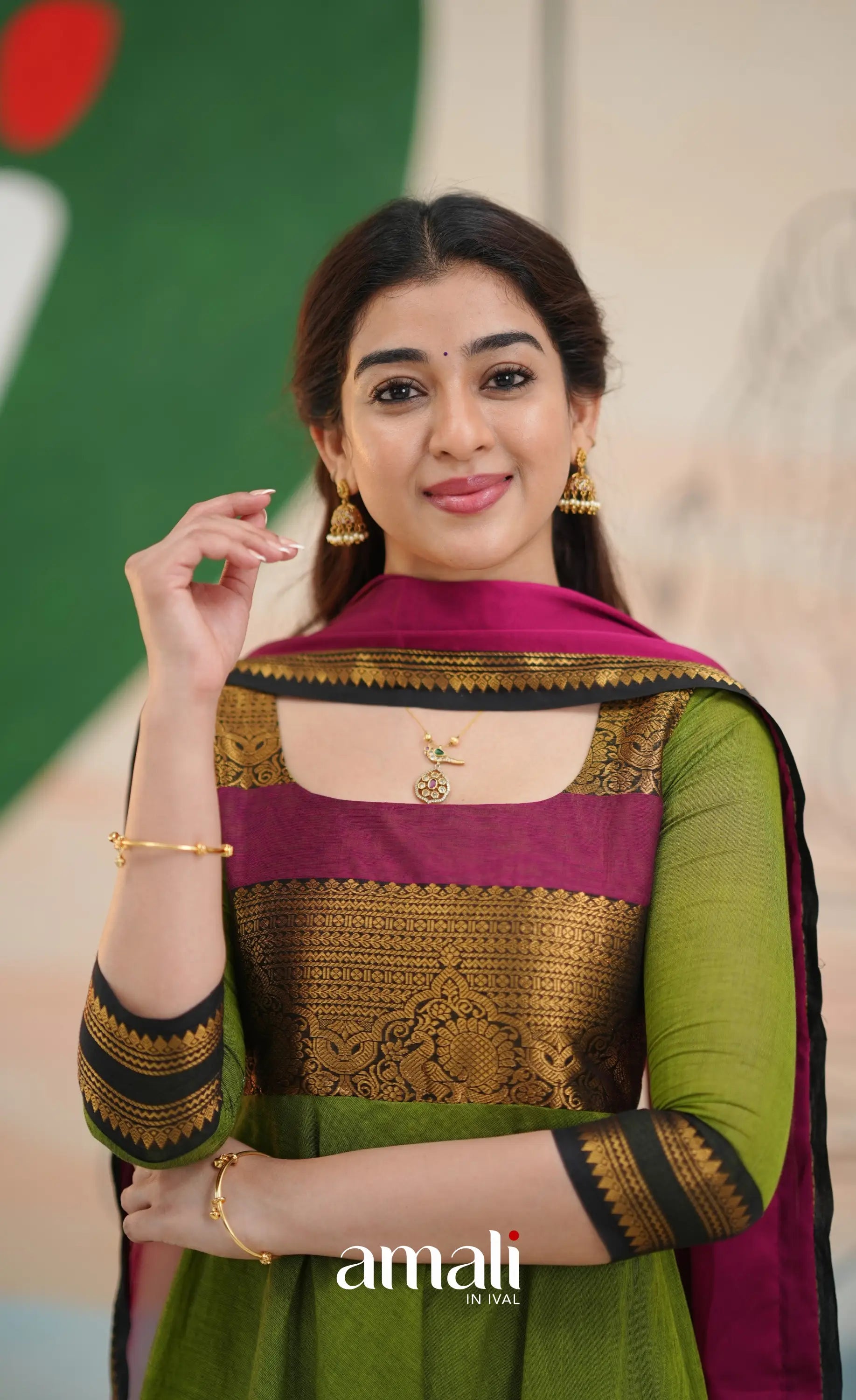 Light green and Magenta pink Chettinad Cotton Anarkali - Anarkalis