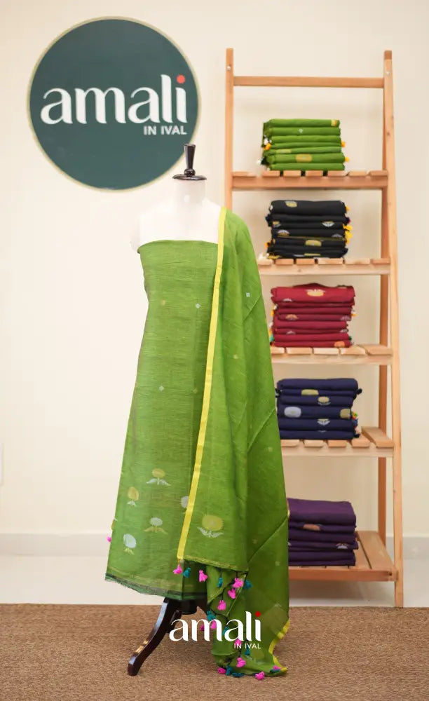 Light green Handloom Linen Unstitched Salwar Set - salwar