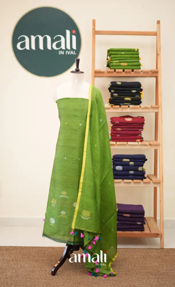 Light green Handloom Linen Unstitched Salwar Set - salwar