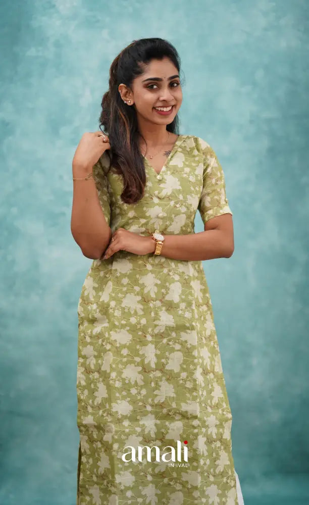 Light Green Semi Linen Kurti Co-ord sets