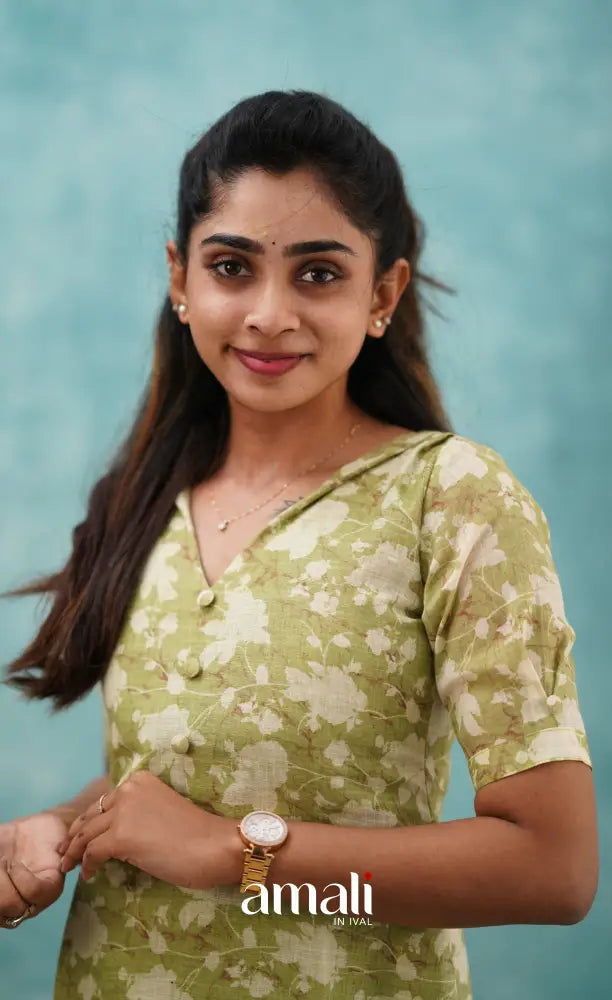 Light Green Semi Linen Kurti Co-ord sets