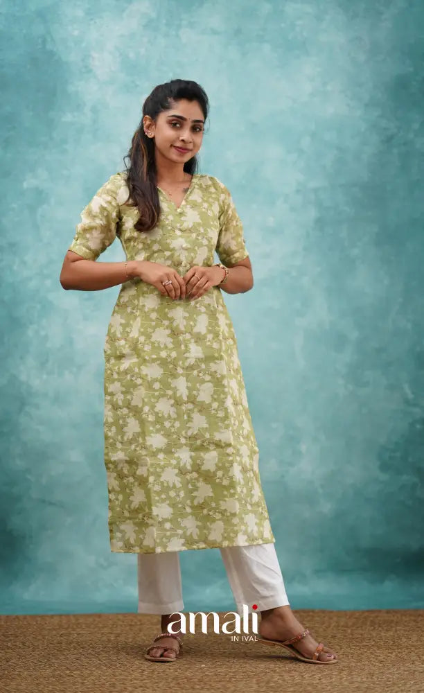 Light Green Semi Linen Kurti Co-ord sets