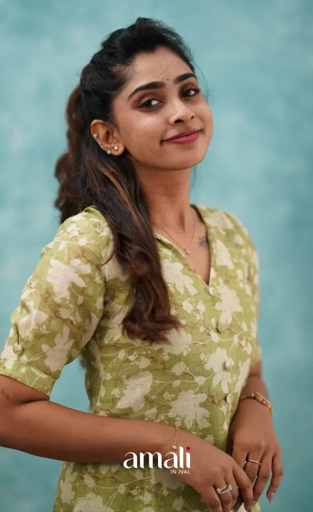 Light Green Semi Linen Kurti Co-ord sets