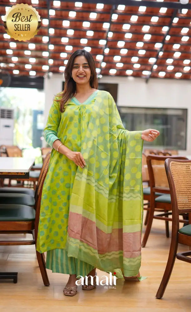 Light Green shades Jaipur Cotton A-line Salwar Set - salwar
