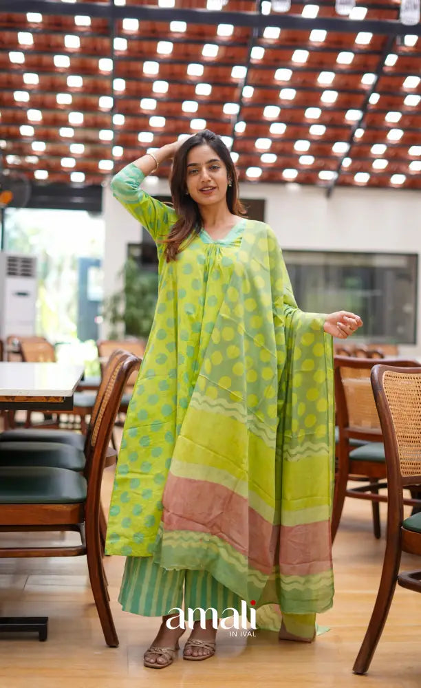 Light Green shades Jaipur Cotton A-line Salwar Set - salwar