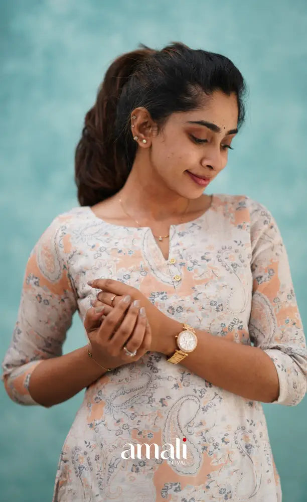 Light Peach Semi Linen Kurti Co-ord sets