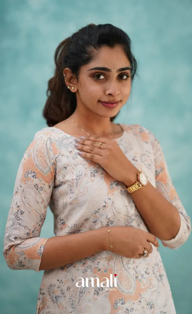 Light Peach Semi Linen Kurti Co-ord sets