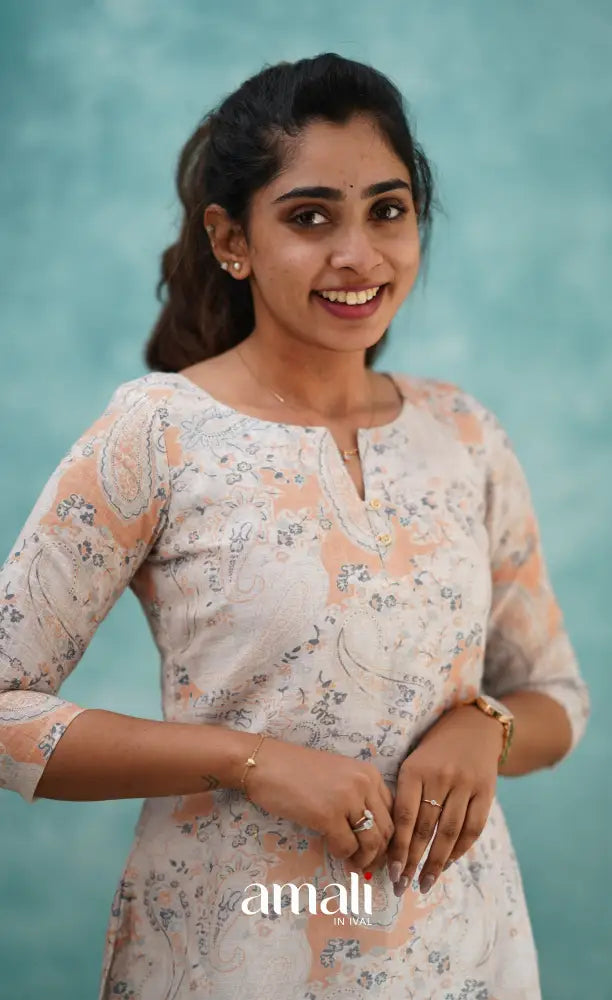 Light Peach Semi Linen Kurti Co-ord sets