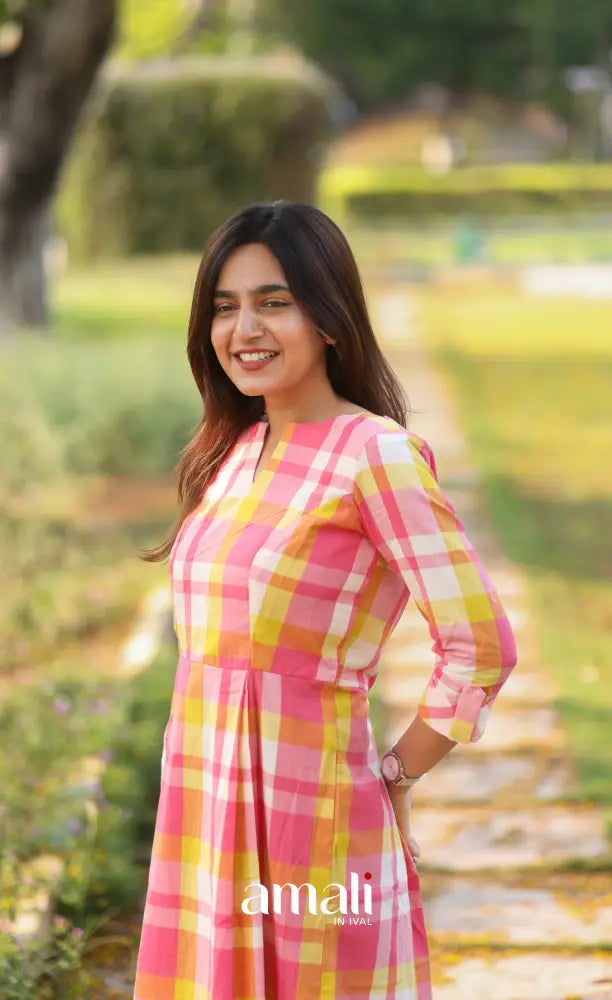Light Pink Checks Indo Western Dress - salwar