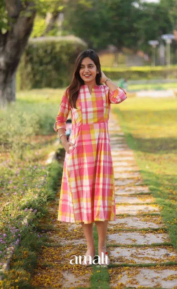 Light Pink Checks Indo Western Dress - salwar