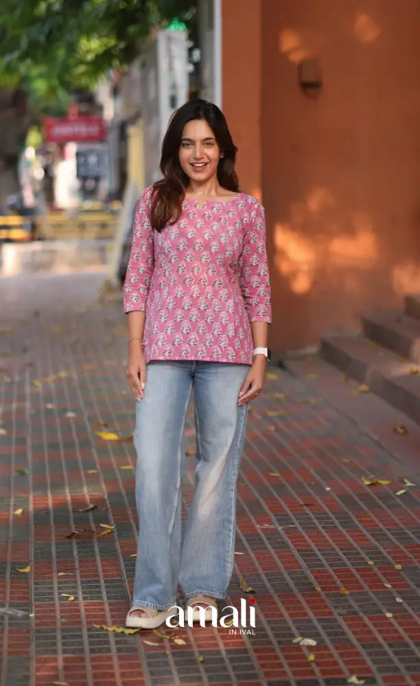 Light Pink Jaipur Hand Block-Printed Short Top - salwar
