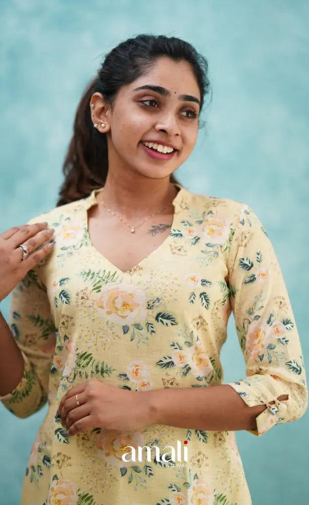 Light Yellow Semi Linen Kurti Co-ord sets