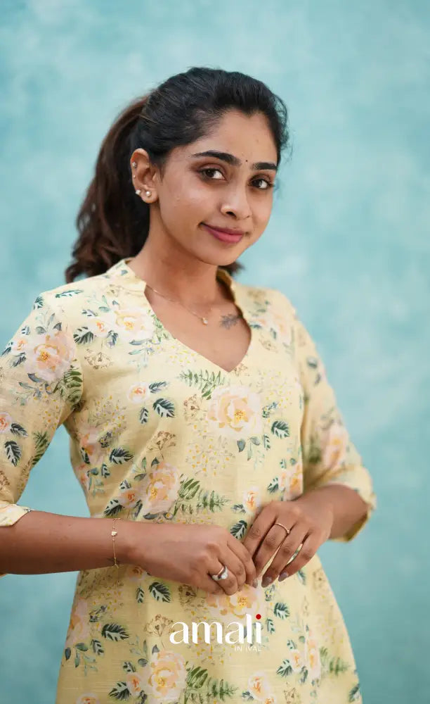 Light Yellow Semi Linen Kurti Co-ord sets