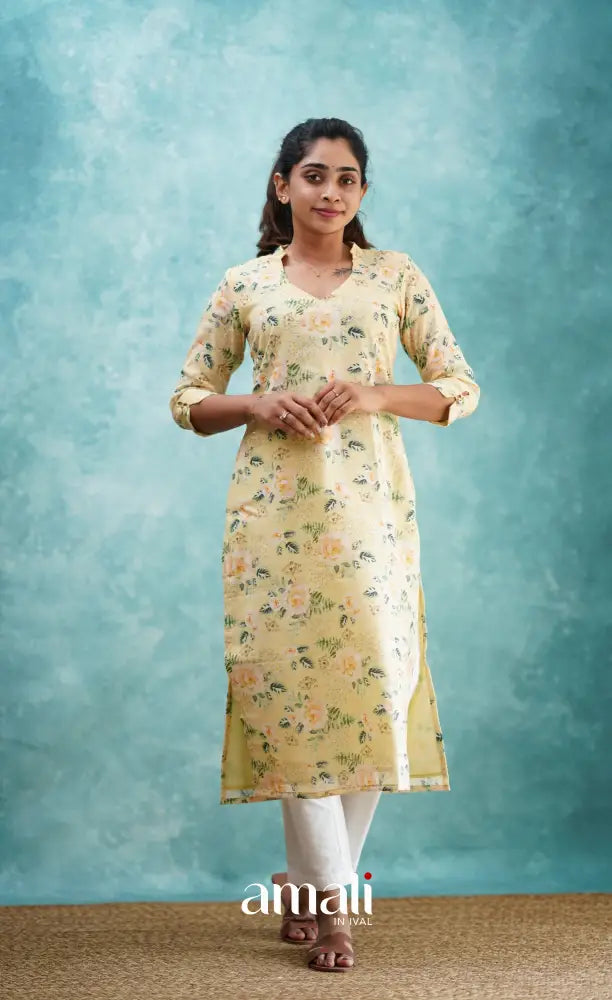 Light Yellow Semi Linen Kurti Co-ord sets