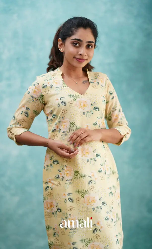 Light Yellow Semi Linen Kurti Co-ord sets