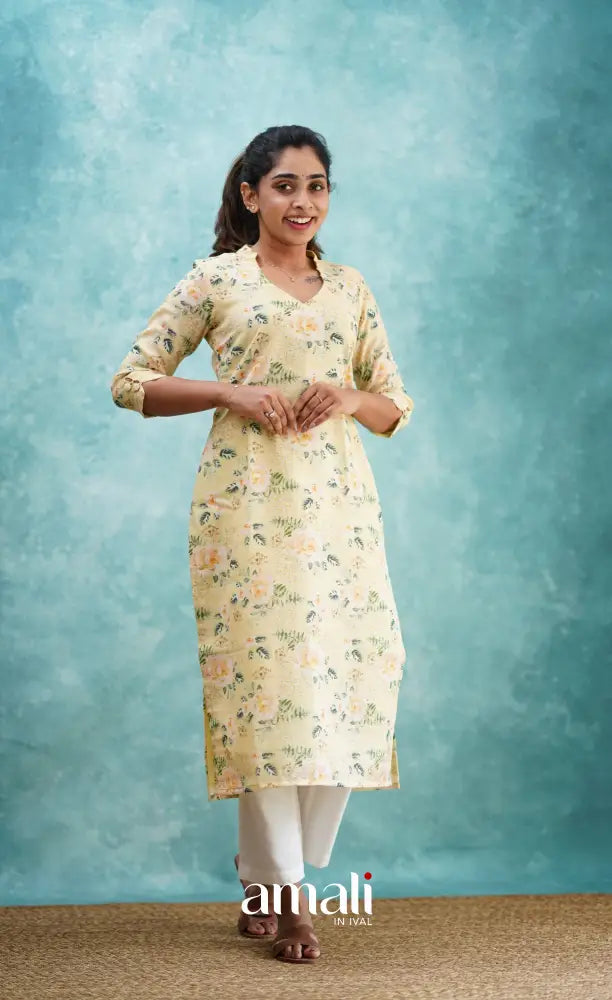 Light Yellow Semi Linen Kurti Co-ord sets