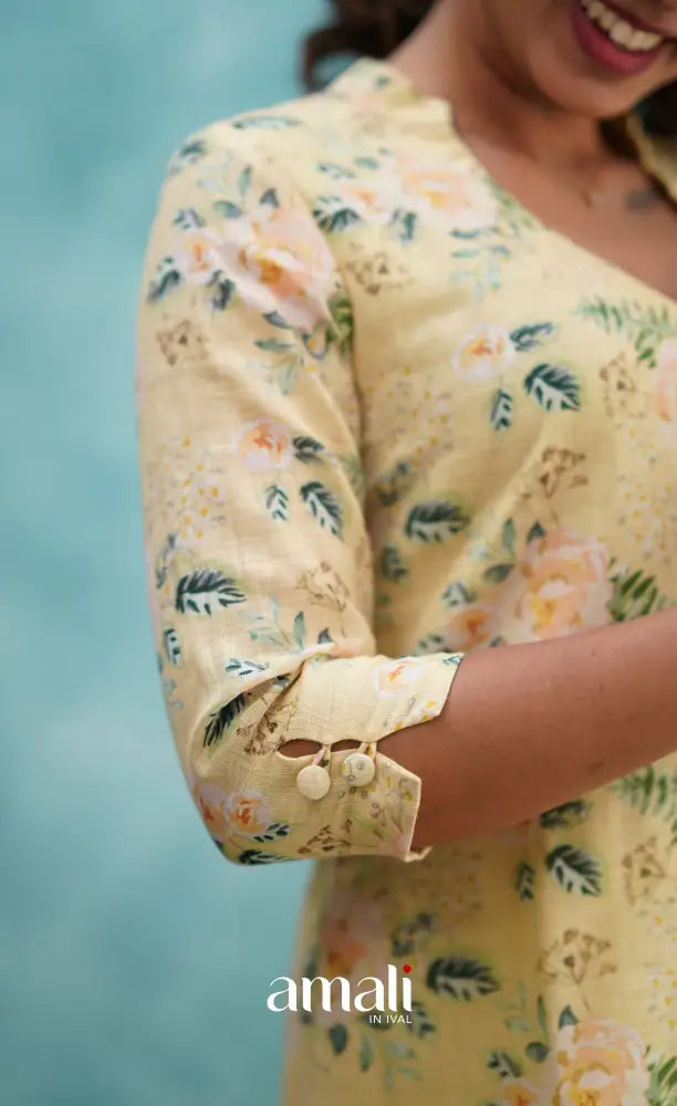 Light Yellow Semi Linen Kurti Co-ord sets