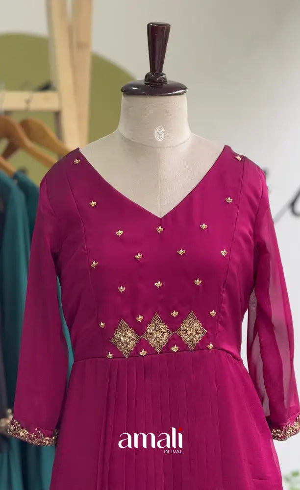Magenta Pink Aari Handworked Georgette A-Line Top - salwar