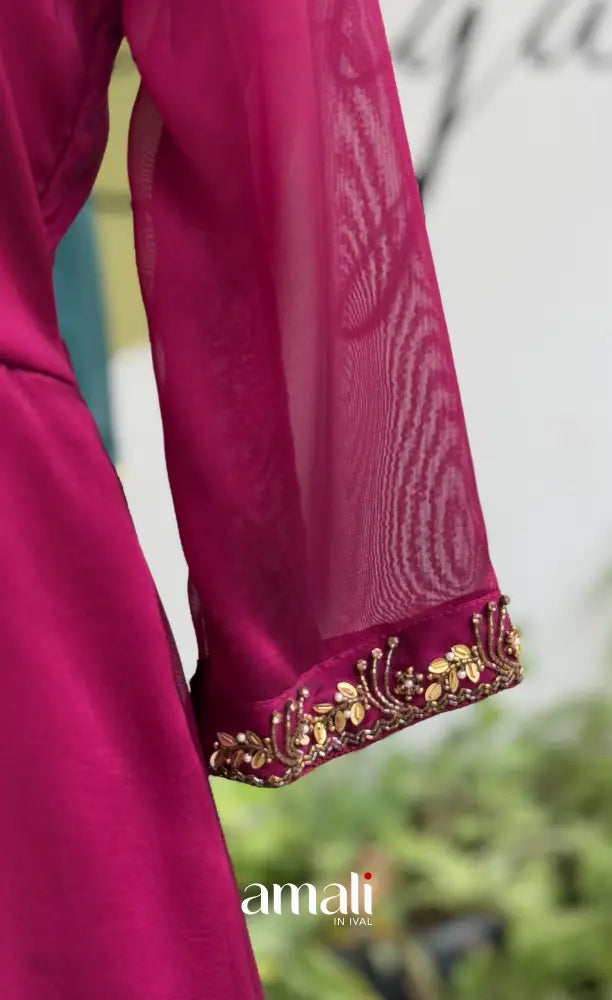 Magenta Pink Aari Handworked Georgette A-Line Top - salwar