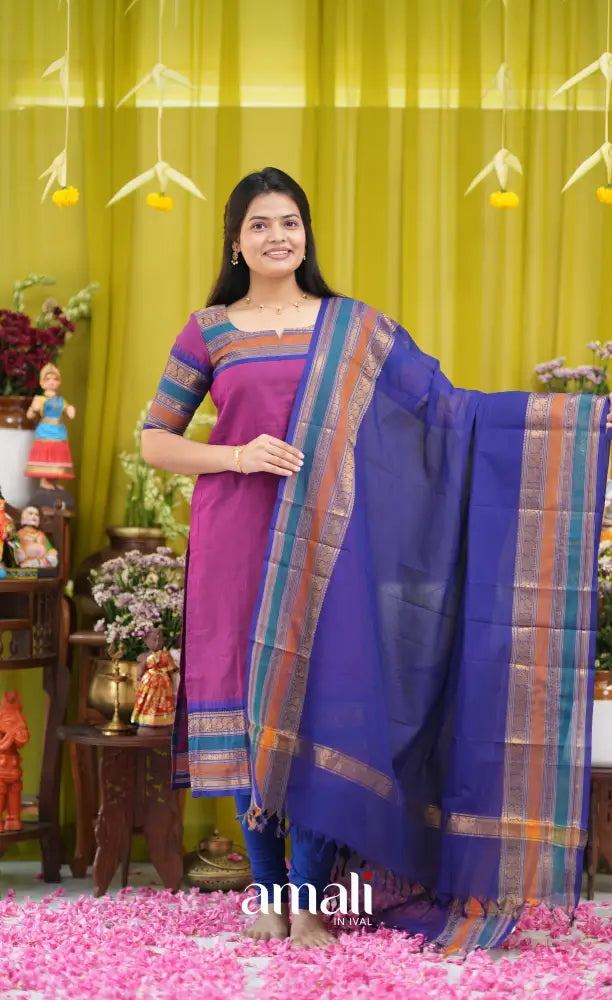 Magenta pink and Dark blue Chettinad Cotton Salwar Set - salwar