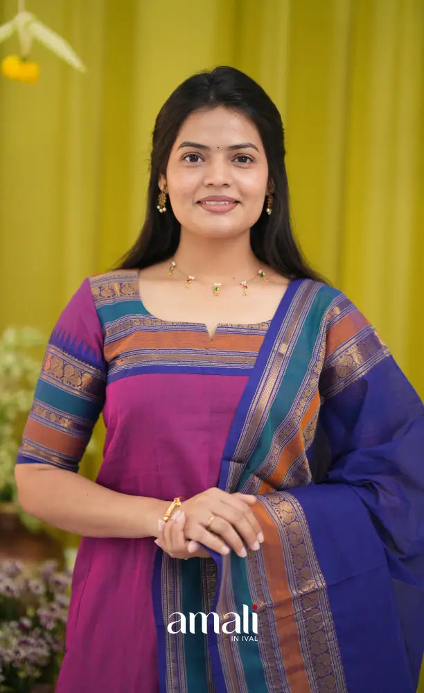 Magenta pink and Dark blue Chettinad Cotton Salwar Set - salwar