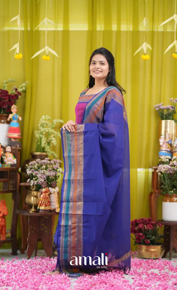 Magenta pink and Dark blue Chettinad Cotton Salwar Set - salwar