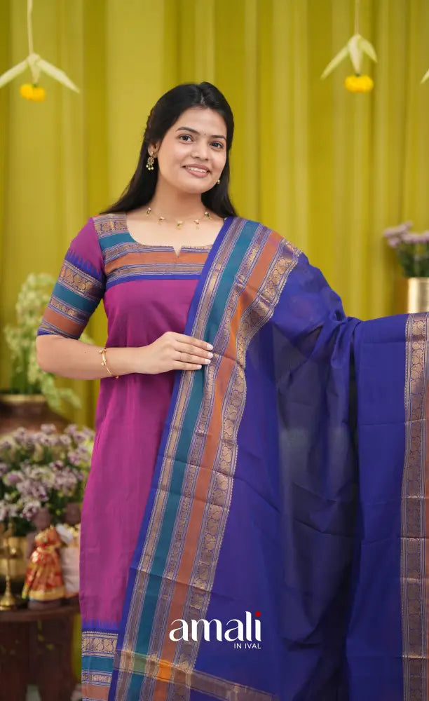 Magenta pink and Dark blue Chettinad Cotton Salwar Set - salwar