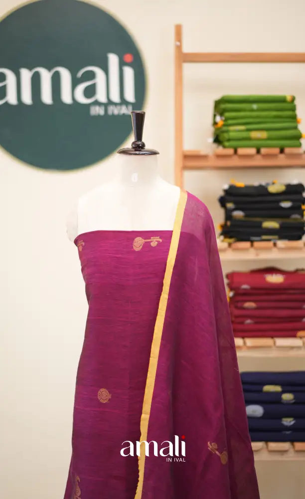 Magenta Pink Handloom Linen Unstitched Salwar Set - salwar