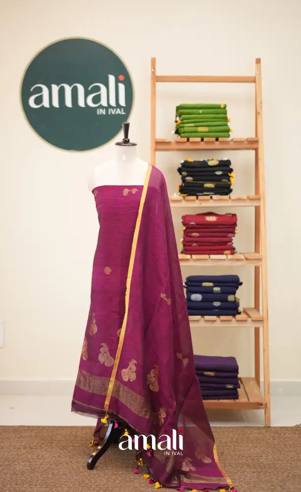 Magenta Pink Handloom Linen Unstitched Salwar Set - salwar